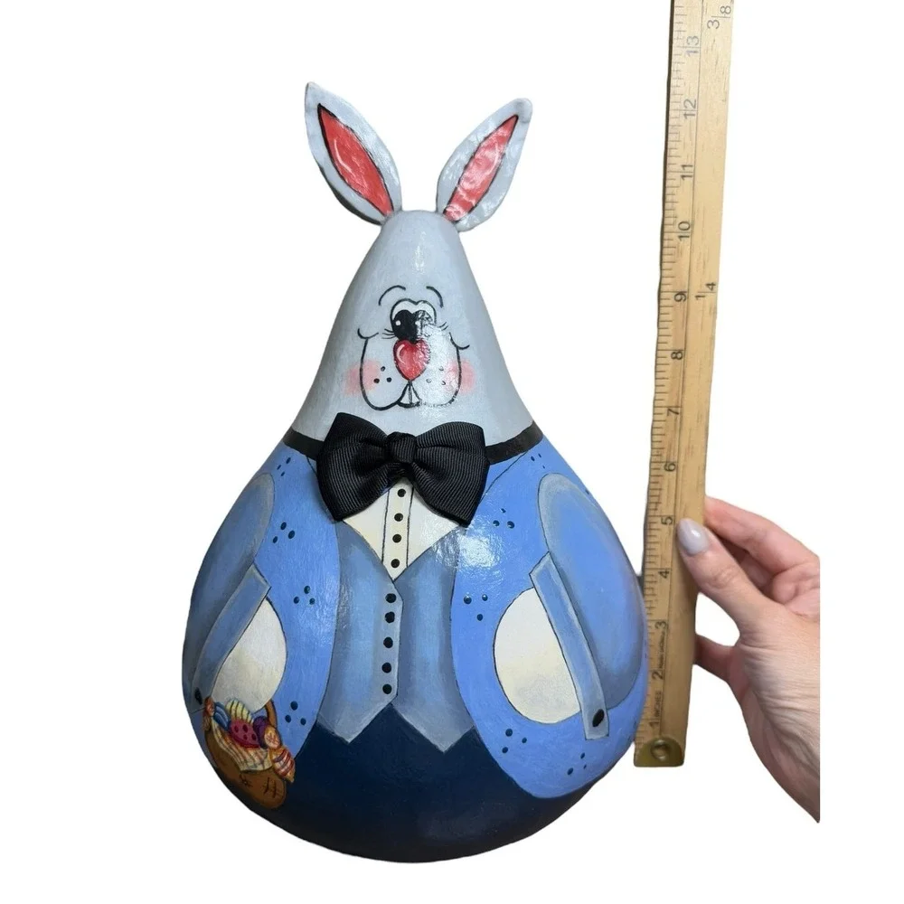 Hand‎ Painted Gourd Bunny Figurine Folk Art Rabbit Easter Decor Signed OOAK